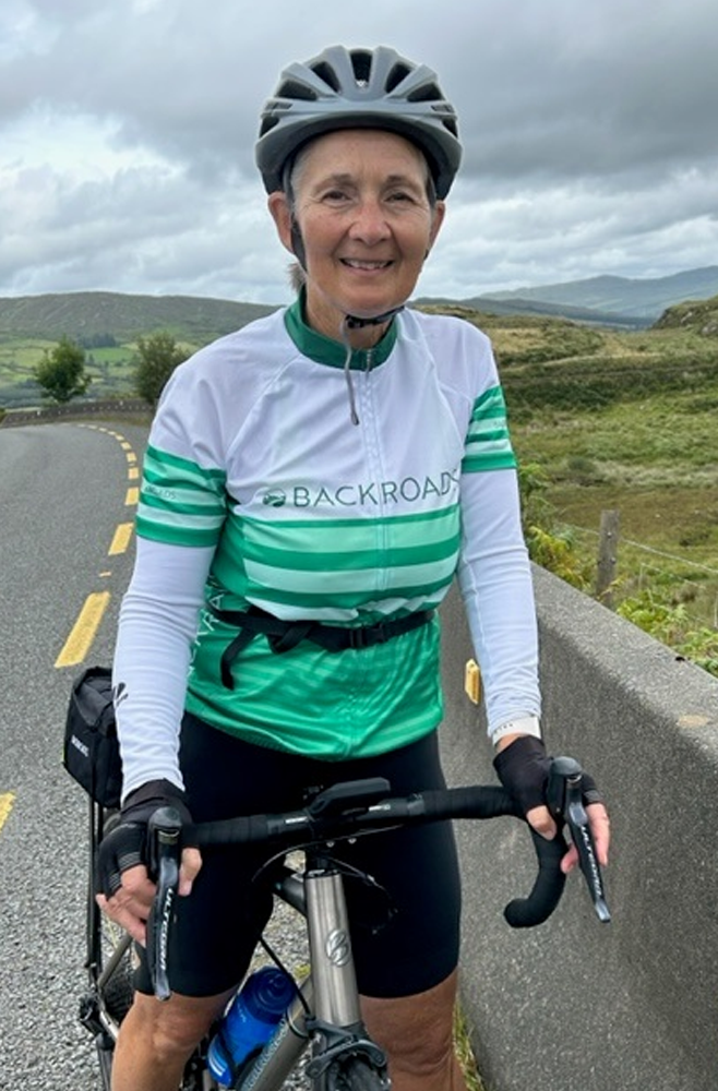Kathleen Tierney riding a bike in Ireland.